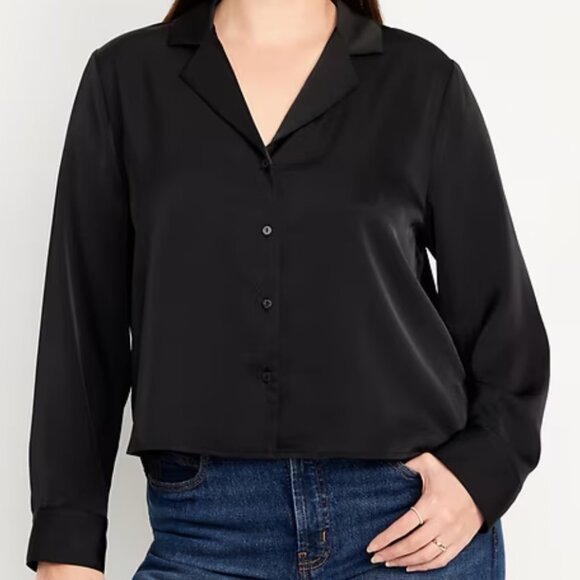 NWT Satin Old Navy Cropped Button-Down Shirt - Womens Plus Size 2X Black Jack - Picture 2 of 9